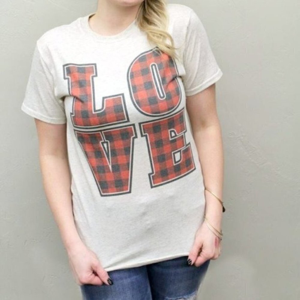NWT Beige Love Red Black Buffalo Plaid Graphic Tee Shirt Top Short Sleeve Tshirt